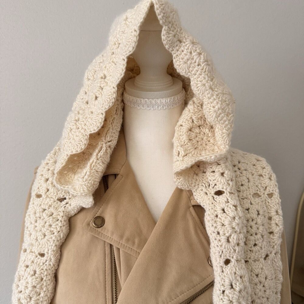 Free People Crochet Granny Square Hooded Scarf Boho Cottagecore Hippie Festival - Picture 2 of 7